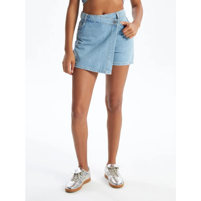 XSIDE Mavi Kadın Dar Fit Düz Jean Şort Etek