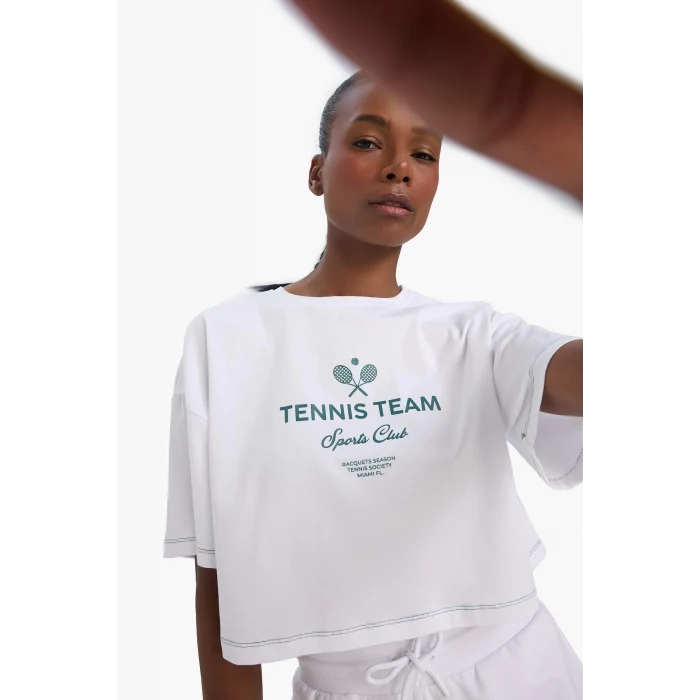 Defacto E3597 Beyaz DeFactoFit Oversize Geniş Kalıp Bisiklet Yaka Baskılı Sporcu Kısa Kollu Tişört