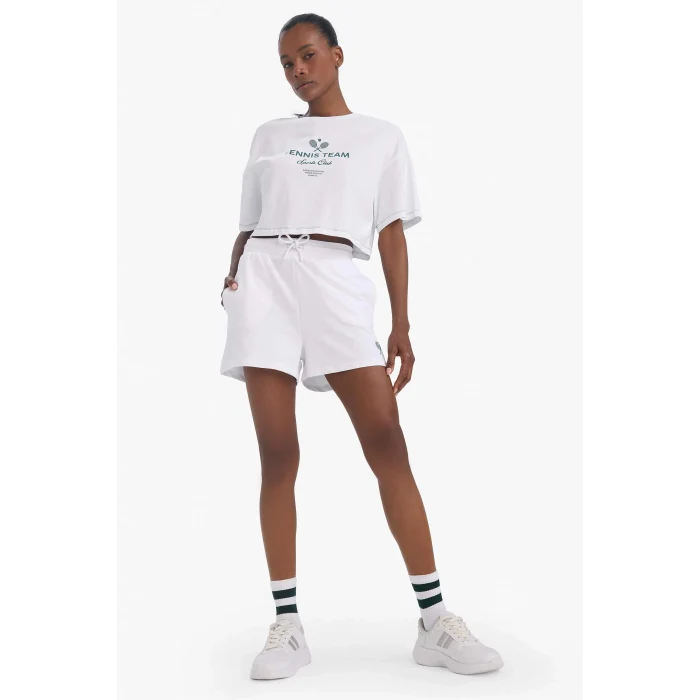 Defacto E3597 Beyaz DeFactoFit Oversize Geniş Kalıp Bisiklet Yaka Baskılı Sporcu Kısa Kollu Tişört