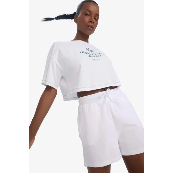 Defacto E3597 Beyaz DeFactoFit Oversize Geniş Kalıp Bisiklet Yaka Baskılı Sporcu Kısa Kollu Tişört