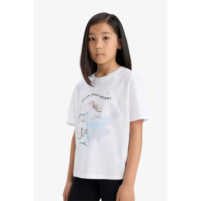 Defacto E8166 Beyaz Kız Çocuk Frozen Relax Fit Bisiklet Yaka Kısa Kollu Tişört
