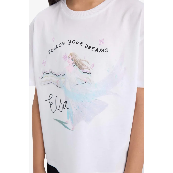 Defacto E8166 Beyaz Kız Çocuk Frozen Relax Fit Bisiklet Yaka Kısa Kollu Tişört