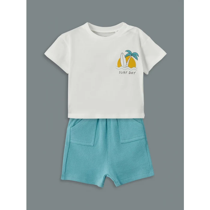LCW baby Ekru Baskılı Erkek Bebek Tişört ve Şort 2li