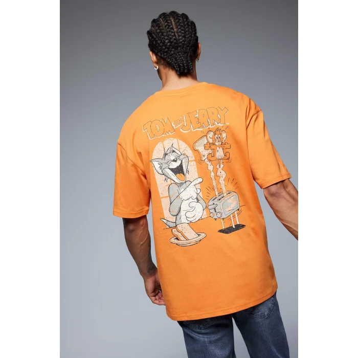 Defacto E3262 Turuncu %100 Pamuk Tom & Jerry Boxy Fit Bisiklet Yaka Sırt Baskılı Kısa Kollu Tişört