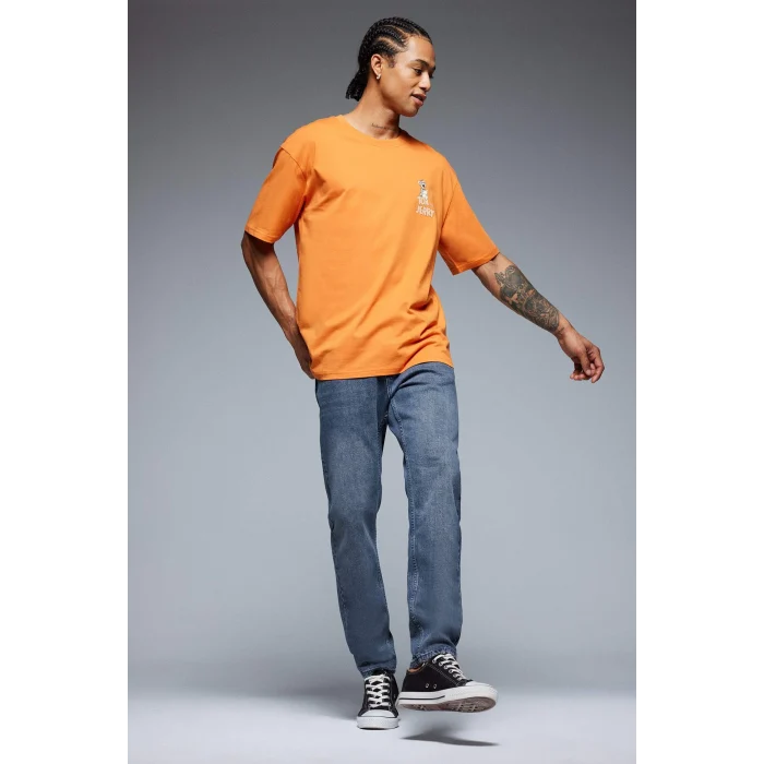 Defacto E3262 Turuncu %100 Pamuk Tom & Jerry Boxy Fit Bisiklet Yaka Sırt Baskılı Kısa Kollu Tişört