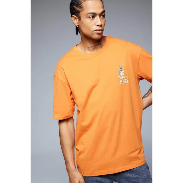 Defacto E3262 Turuncu %100 Pamuk Tom & Jerry Boxy Fit Bisiklet Yaka Sırt Baskılı Kısa Kollu Tişört