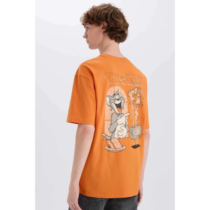 Defacto E3262 Turuncu %100 Pamuk Tom & Jerry Boxy Fit Bisiklet Yaka Sırt Baskılı Kısa Kollu Tişört