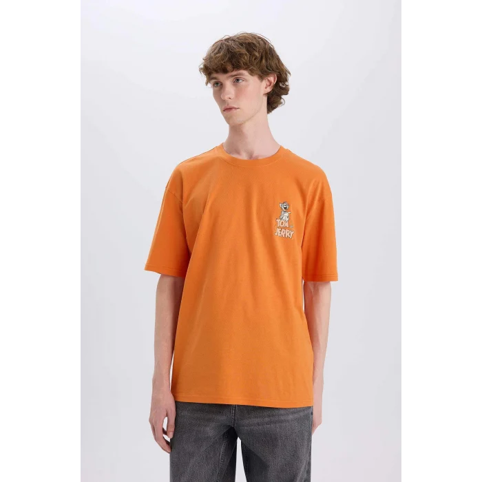 Defacto E3262 Turuncu %100 Pamuk Tom & Jerry Boxy Fit Bisiklet Yaka Sırt Baskılı Kısa Kollu Tişört