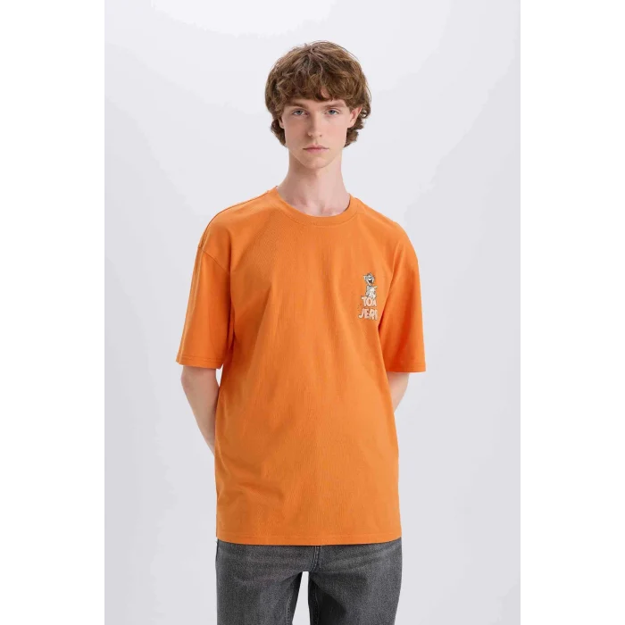 Defacto E3262 Turuncu %100 Pamuk Tom & Jerry Boxy Fit Bisiklet Yaka Sırt Baskılı Kısa Kollu Tişört