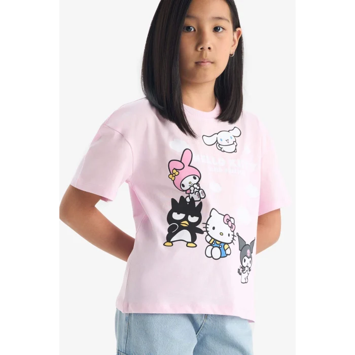 Defacto F5389 Pembe Kız Çocuk Hello Kitty Relax Fit Bisiklet Yaka Kısa Kollu Tişört