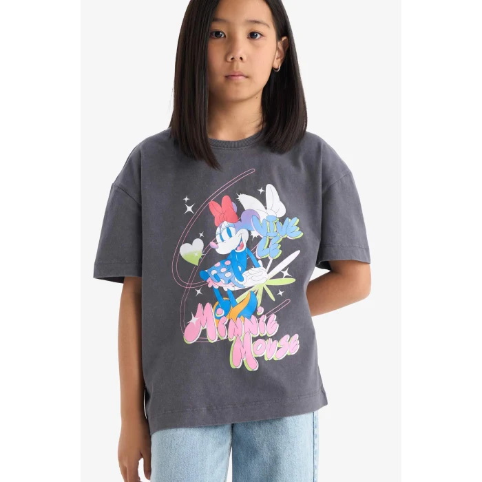 Defacto E2617 Antrasit Kız Çocuk Disney Mickey & Minnie Oversize Geniş Kalıp Bisiklet Yaka Kısa Kollu Tişört