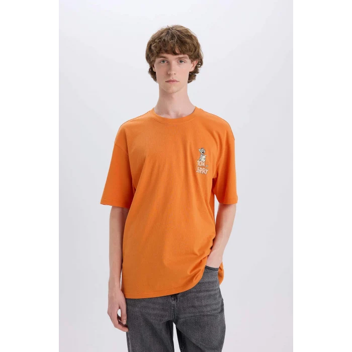 Defacto E3262 Turuncu %100 Pamuk Tom & Jerry Boxy Fit Bisiklet Yaka Sırt Baskılı Kısa Kollu Tişört