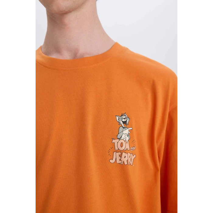 Defacto E3262 Turuncu %100 Pamuk Tom & Jerry Boxy Fit Bisiklet Yaka Sırt Baskılı Kısa Kollu Tişört