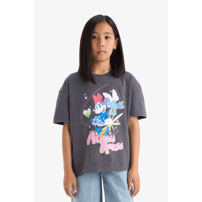 Defacto E2617 Antrasit Kız Çocuk Disney Mickey & Minnie Oversize Geniş Kalıp Bisiklet Yaka Kısa Kollu Tişört