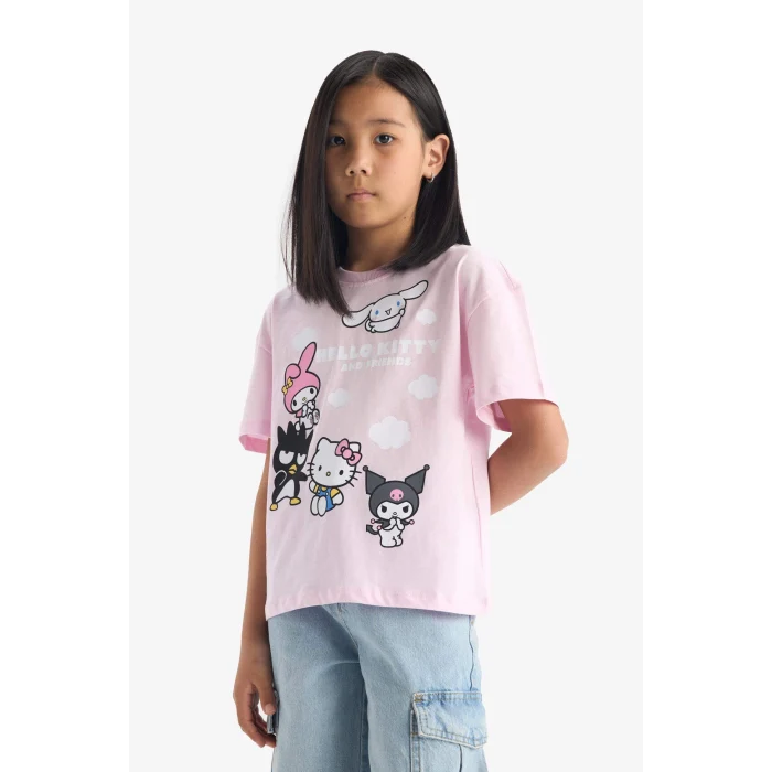 Defacto F5389 Pembe Kız Çocuk Hello Kitty Relax Fit Bisiklet Yaka Kısa Kollu Tişört