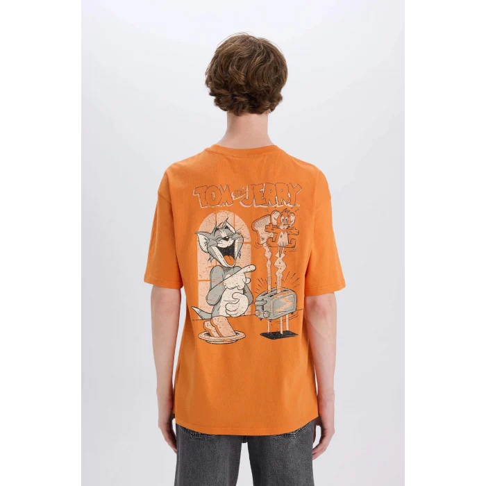 Defacto E3262 Turuncu %100 Pamuk Tom & Jerry Boxy Fit Bisiklet Yaka Sırt Baskılı Kısa Kollu Tişört