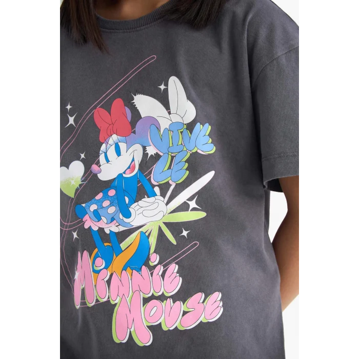 Defacto E2617 Antrasit Kız Çocuk Disney Mickey & Minnie Oversize Geniş Kalıp Bisiklet Yaka Kısa Kollu Tişört