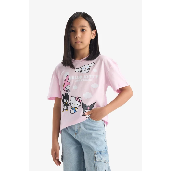 Defacto F5389 Pembe Kız Çocuk Hello Kitty Relax Fit Bisiklet Yaka Kısa Kollu Tişört