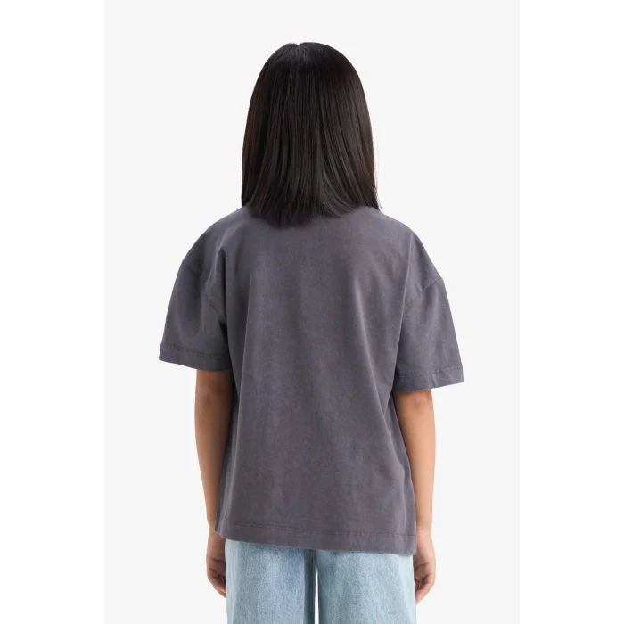 Defacto E2617 Antrasit Kız Çocuk Disney Mickey & Minnie Oversize Geniş Kalıp Bisiklet Yaka Kısa Kollu Tişört