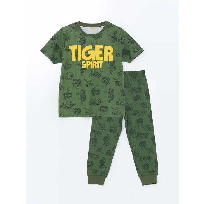 LCW Kids Yeşil Bisiklet Yaka Baskılı Erkek Çocuk Pijama Takım