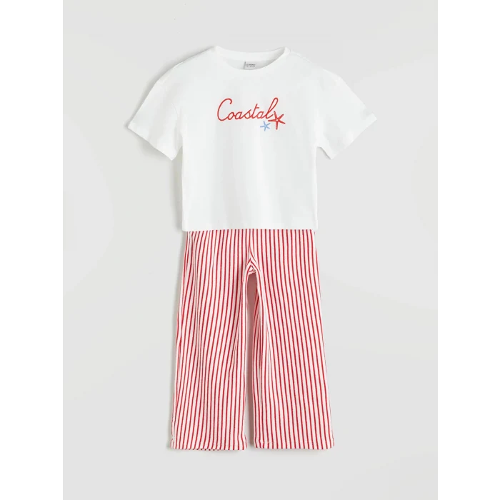 LCW Kids Ekru Bisiklet Yaka Kız Çocuk Tişört ve Pantolon