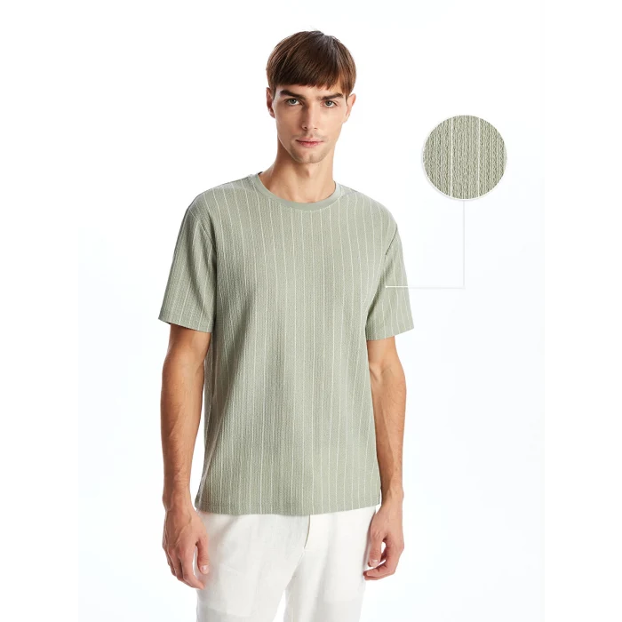 LCW Vision Yeşil Bisiklet Yaka Kısa Kollu Çizgili Erkek Dokulu Tişört