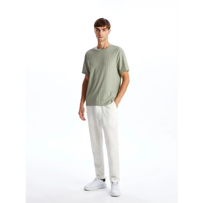 LCW Vision Yeşil Bisiklet Yaka Kısa Kollu Çizgili Erkek Dokulu Tişört