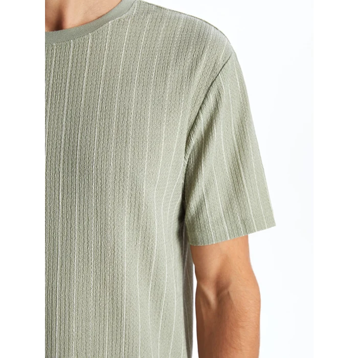 LCW Vision Yeşil Bisiklet Yaka Kısa Kollu Çizgili Erkek Dokulu Tişört