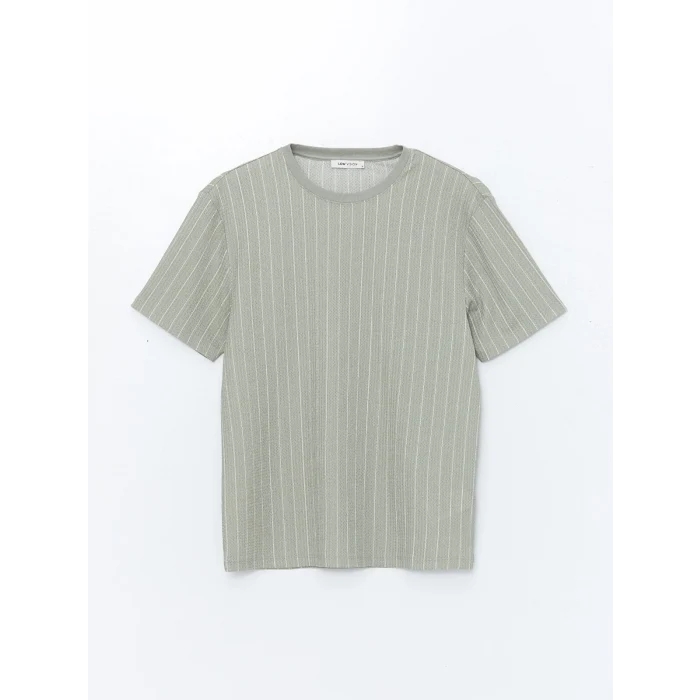 LCW Vision Yeşil Bisiklet Yaka Kısa Kollu Çizgili Erkek Dokulu Tişört