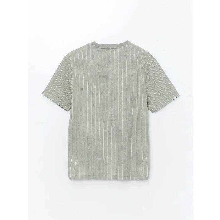 LCW Vision Yeşil Bisiklet Yaka Kısa Kollu Çizgili Erkek Dokulu Tişört