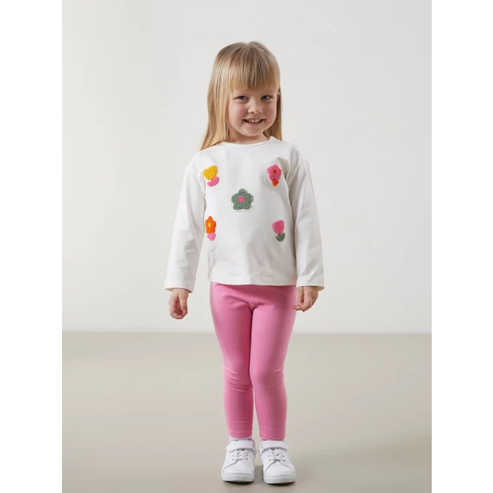 LCW baby Ekru Bisiklet Yaka Çiçekli Kız Çocuk Bluz ve Tayt 2li