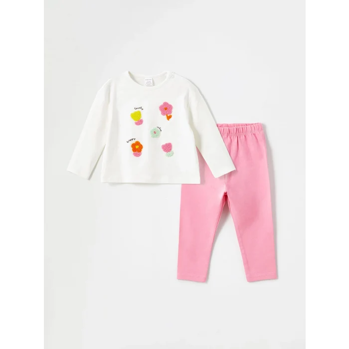 LCW baby Ekru Bisiklet Yaka Çiçekli Kız Çocuk Bluz ve Tayt 2li