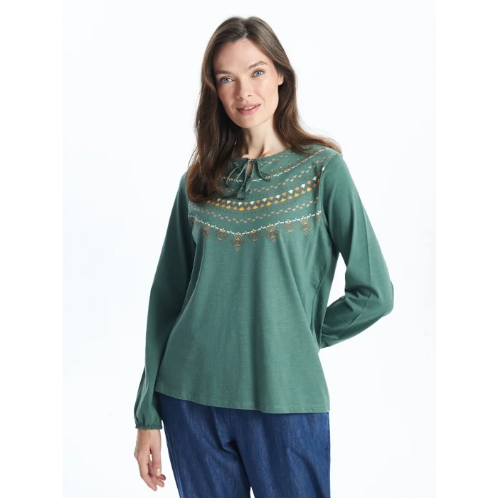 LCW Grace Yeşil Bağlamalı Yaka Desenli Kadın Bluz