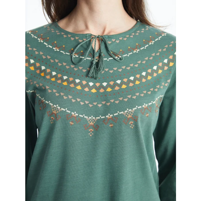 LCW Grace Yeşil Bağlamalı Yaka Desenli Kadın Bluz