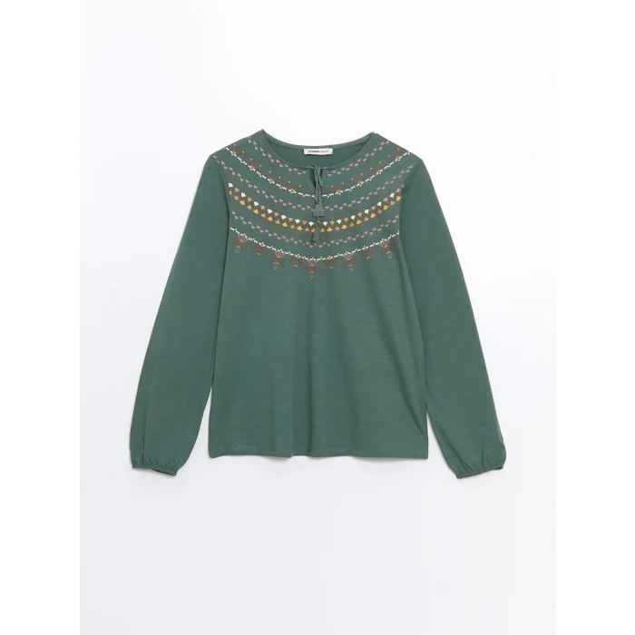 LCW Grace Yeşil Bağlamalı Yaka Desenli Kadın Bluz