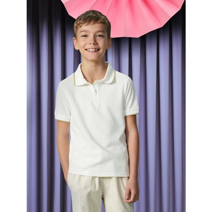 LCW Kids Ekru Polo Yaka Dokulu Erkek Çocuk Tişört