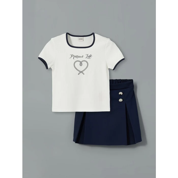 LCW Kids Ekru Marine Life Baskılı Kız Çocuk Tişört ve Şort Etek