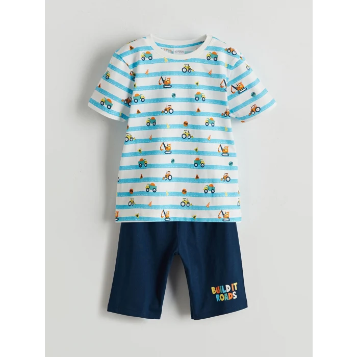 LCW Kids Ekru Baskılı Erkek Çocuk Şortlu Pijama Takımı