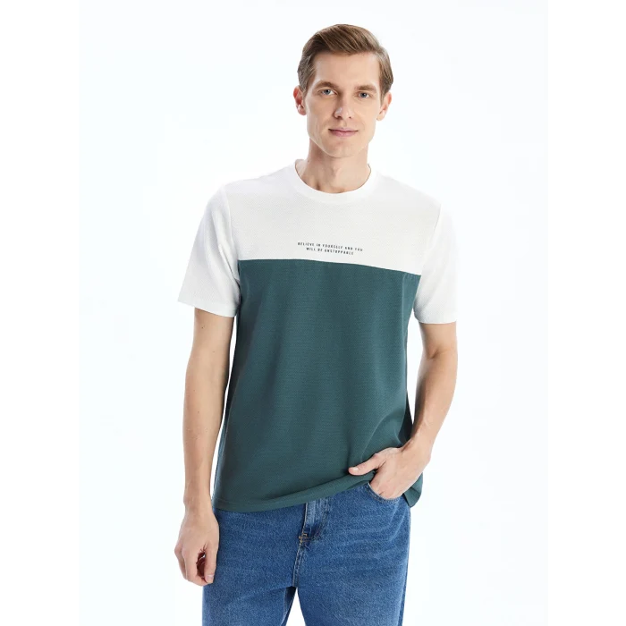 LCWAIKIKI Classic Ekru Bisiklet Yaka Kısa Kollu Renk Bloklu Erkek Tişört