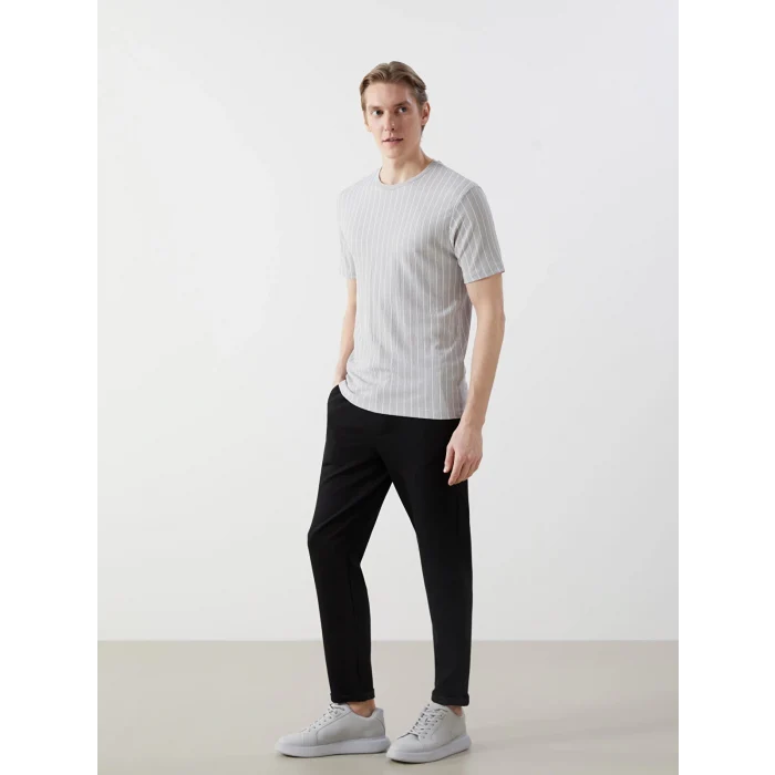 LCW Vision Gri Bisiklet Yaka Kısa Kollu Çizgili Erkek Dokulu Tişört