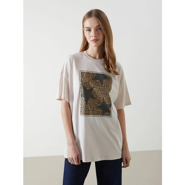 LCW Vision Bej Bisiklet Yaka Baskılı Oversize Kadın Tişört