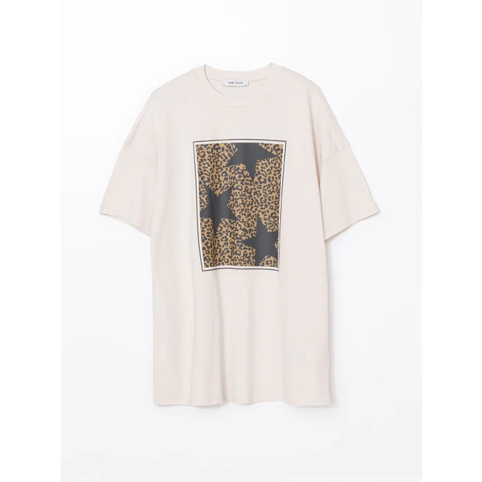 LCW Vision Bej Bisiklet Yaka Baskılı Oversize Kadın Tişört