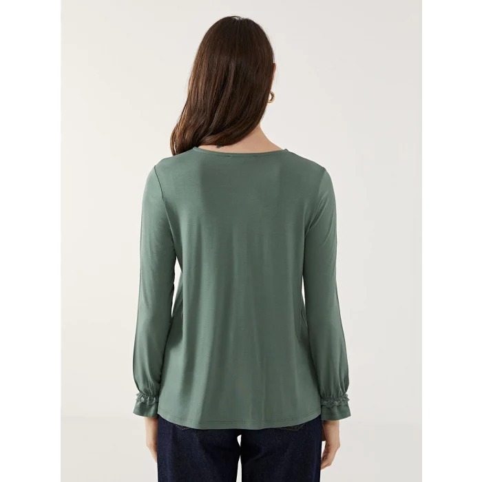 LCW Grace Yeşil Bisiklet Yaka Dantel Detaylı Kadın Bluz
