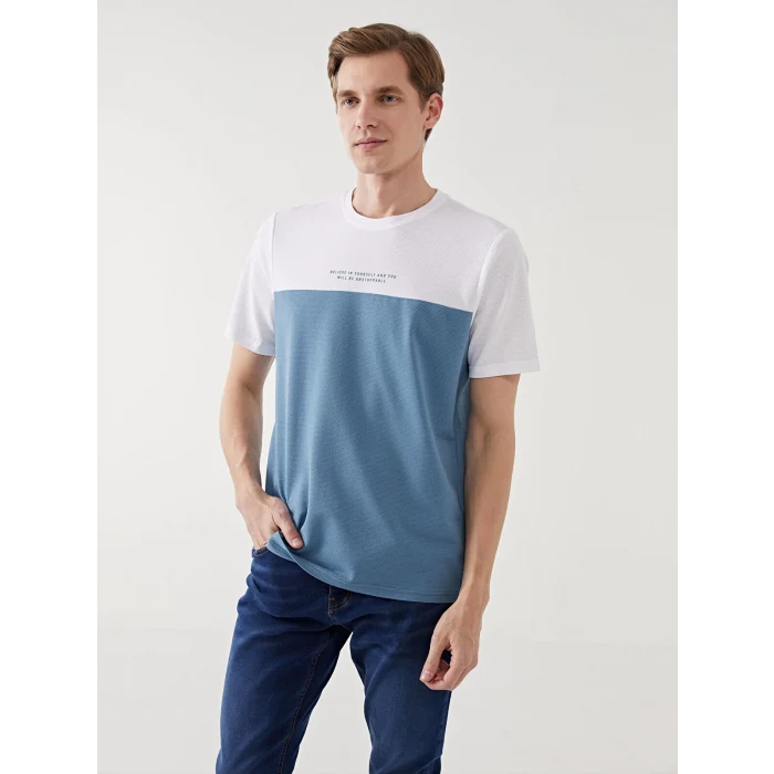 LCWAIKIKI Classic Beyaz Bisiklet Yaka Kısa Kollu Renk Bloklu Erkek Tişört