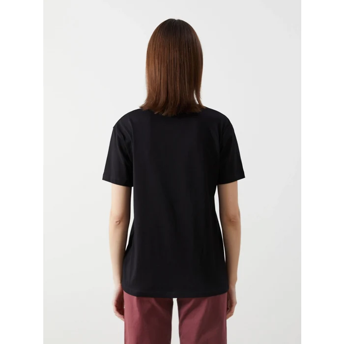 XSIDE Siyah Bisiklet Yaka Nakışlı Kadın Tişört