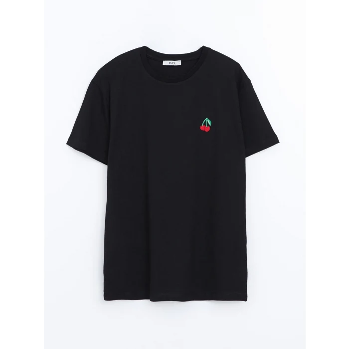 XSIDE Siyah Bisiklet Yaka Nakışlı Kadın Tişört