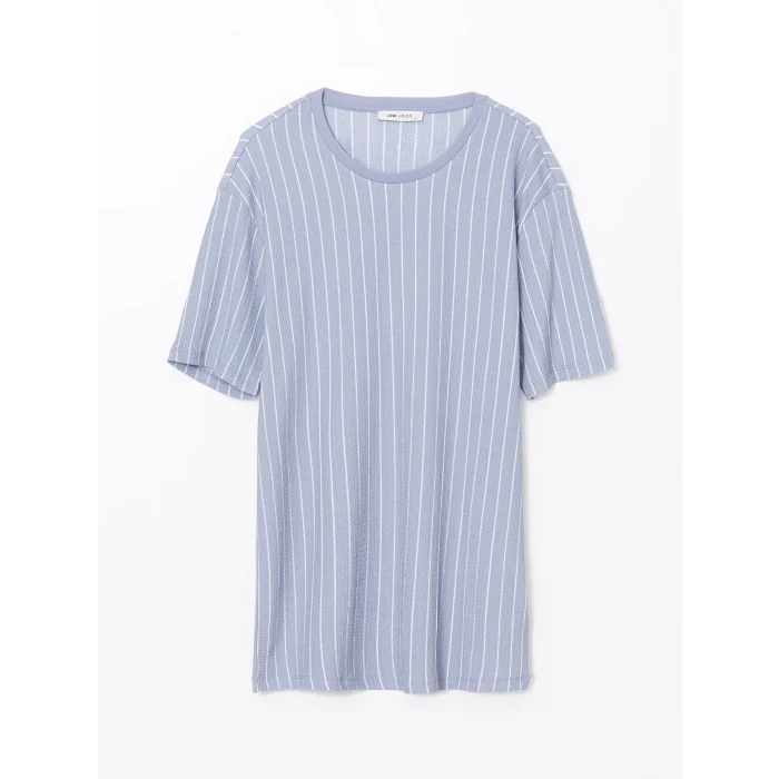 LCW Vision Mavi Bisiklet Yaka Kısa Kollu Çizgili Erkek Dokulu Tişört