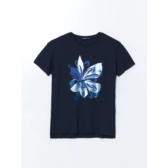 LCWAIKIKI Classic Lacivert Bisiklet Yaka Çiçekli Kadın Tişört