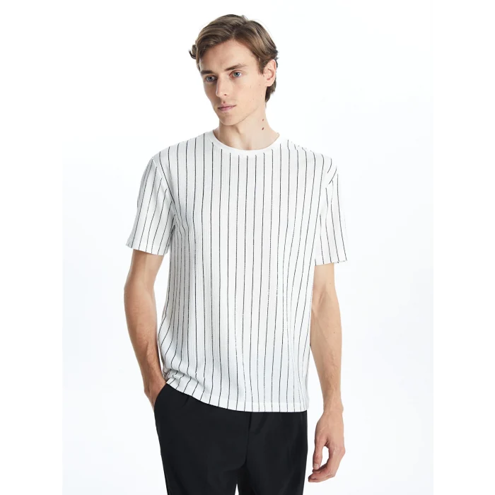 LCW Vision Beyaz Bisiklet Yaka Kısa Kollu Çizgili Erkek Dokulu Tişört