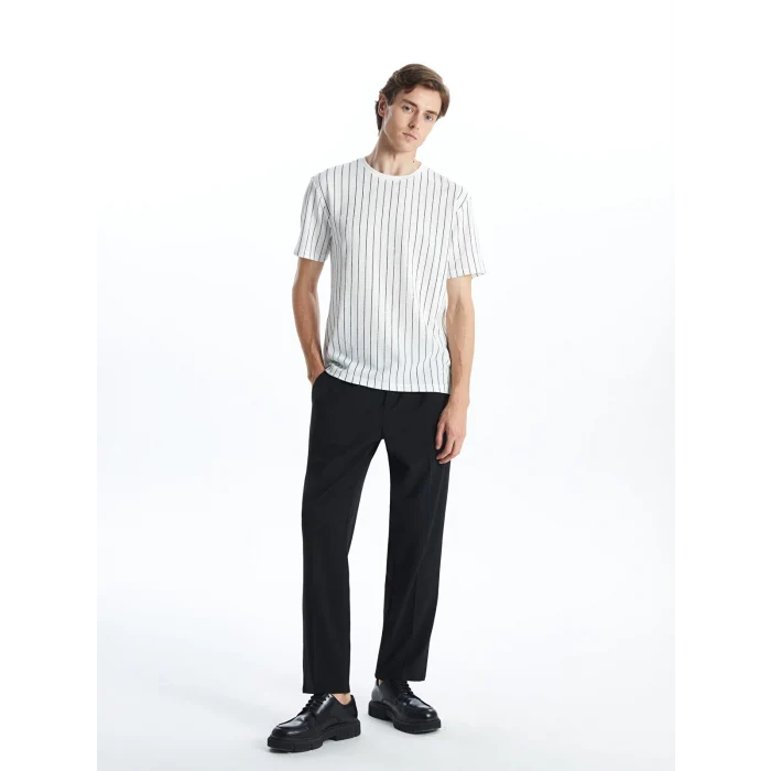 LCW Vision Beyaz Bisiklet Yaka Kısa Kollu Çizgili Erkek Dokulu Tişört